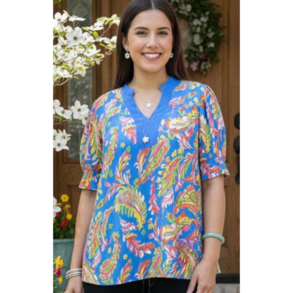 NWT Southern Stitch XXL Blue Paisley Cotton Puff Sleeve Blouse Boho 2X Top